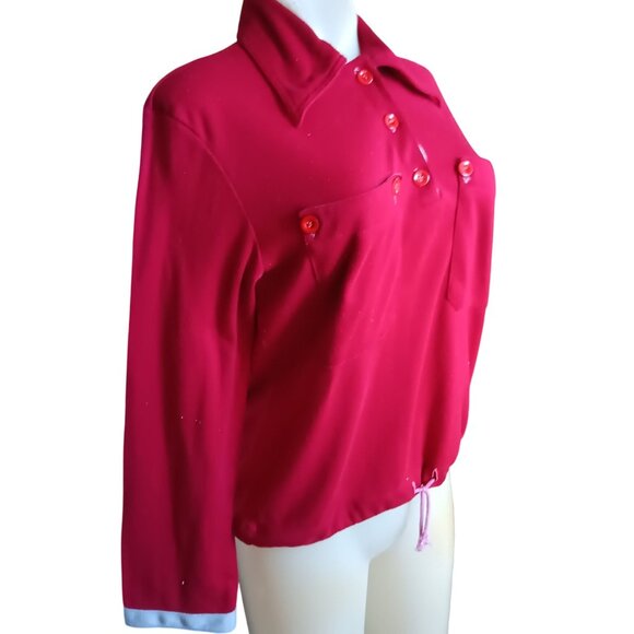 Vintage Women's Boho Top 1970's Red Long Sleeve Polo Collar & Waist Tie Hippy - Picture 3 of 5